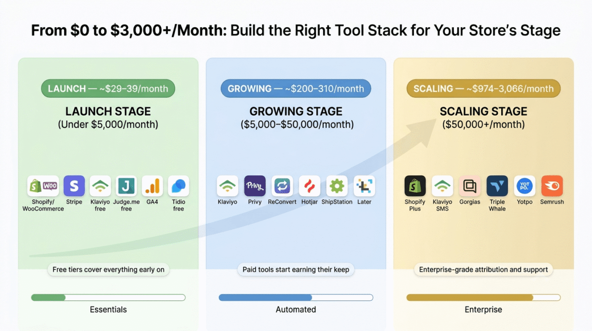 Ecommerce tool stack comparison by store revenue stage showing Launch stage tools (Shopify or WooCommerce, Stripe, Klaviyo free, Judge.me free, GA4, Tidio) at under $40/month, Growing stage tools (Klaviyo, Privy, ReConvert, Hotjar, ShipStation, Later) at $200–310/month, and Scaling stage tools (Shopify Plus, Klaviyo SMS, Gorgias, Triple Whale, Yotpo, Semrush) at $974–3,066/month.