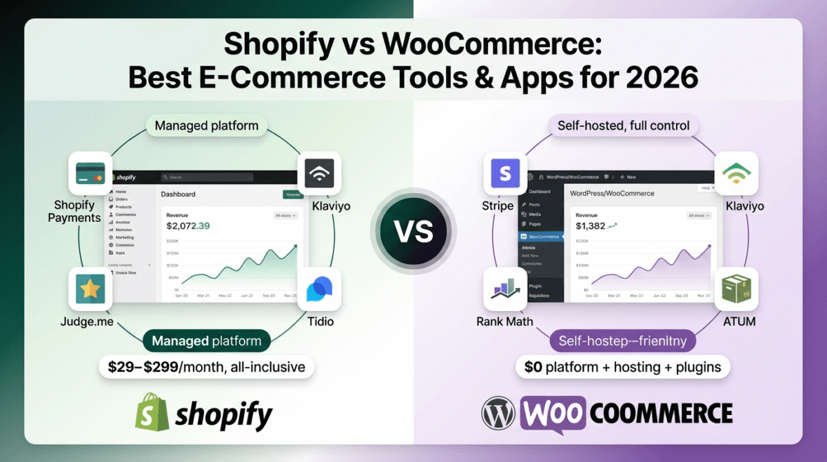 Shopify and WooCommerce ecommerce ecosystems compared side by side, each surrounded by their core supporting apps for payments, email marketing, product reviews, and SEO, with a VS badge marking the platform comparison.