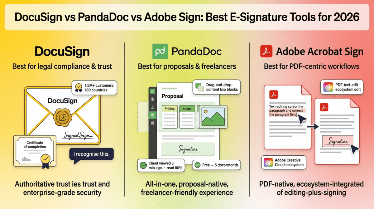 DocuSign, PandaDoc, and Adobe Acrobat Sign compared side by side as e-signature platforms, showing DocuSign's tamper-evident envelope with signer trust recognition, PandaDoc's drag-and-drop proposal editor with document analytics, and Adobe's combined PDF text editing and signature placement.