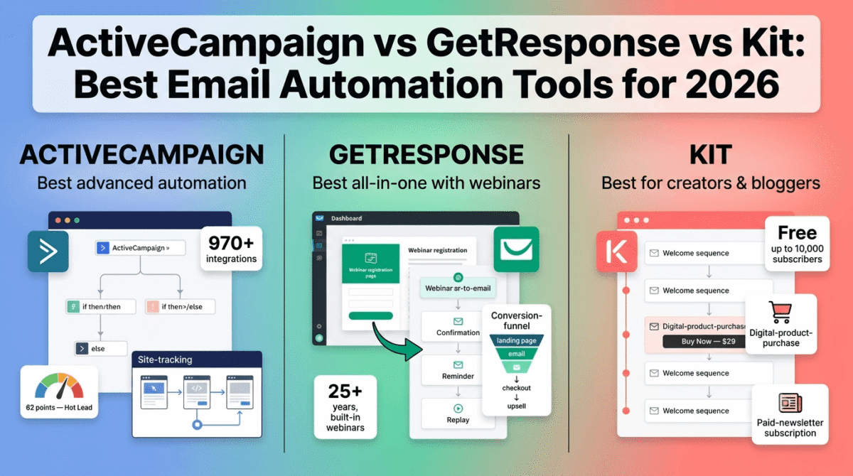 ActiveCampaign, GetResponse, and Kit compared side by side as email automation platforms, showing ActiveCampaign's branching automation with lead scoring and site tracking, GetResponse's webinar-to-email sequence with a conversion funnel, and Kit's simple welcome sequence with an embedded digital product purchase.