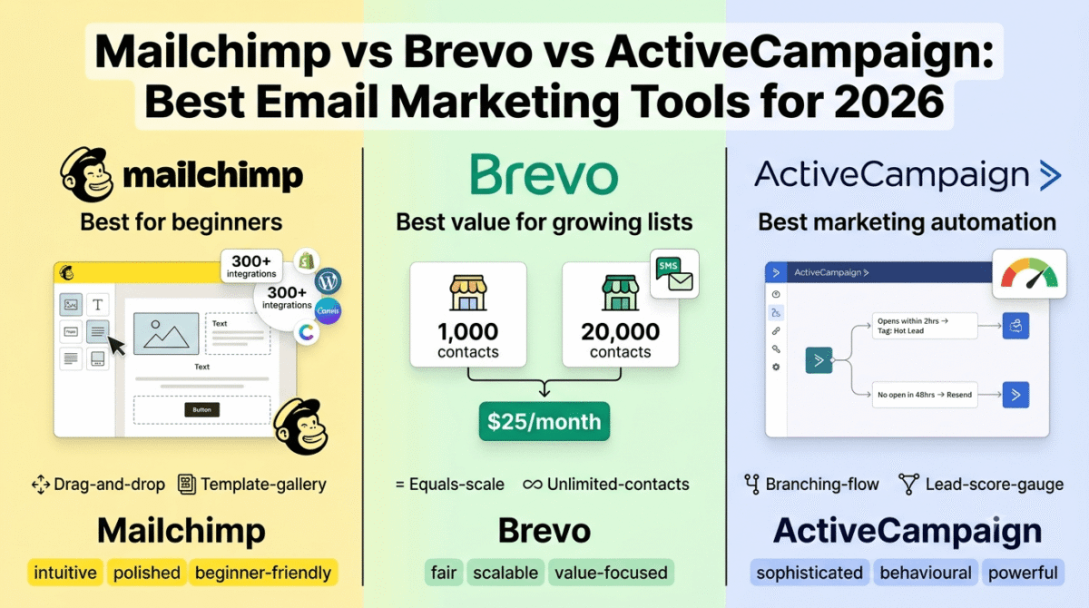 Mailchimp, Brevo, and ActiveCampaign compared side by side as email marketing platforms, showing Mailchimp's drag-and-drop template builder with app integrations, Brevo's contact-unlimited pricing model, and ActiveCampaign's branching behavioural automation workflow with lead scoring.