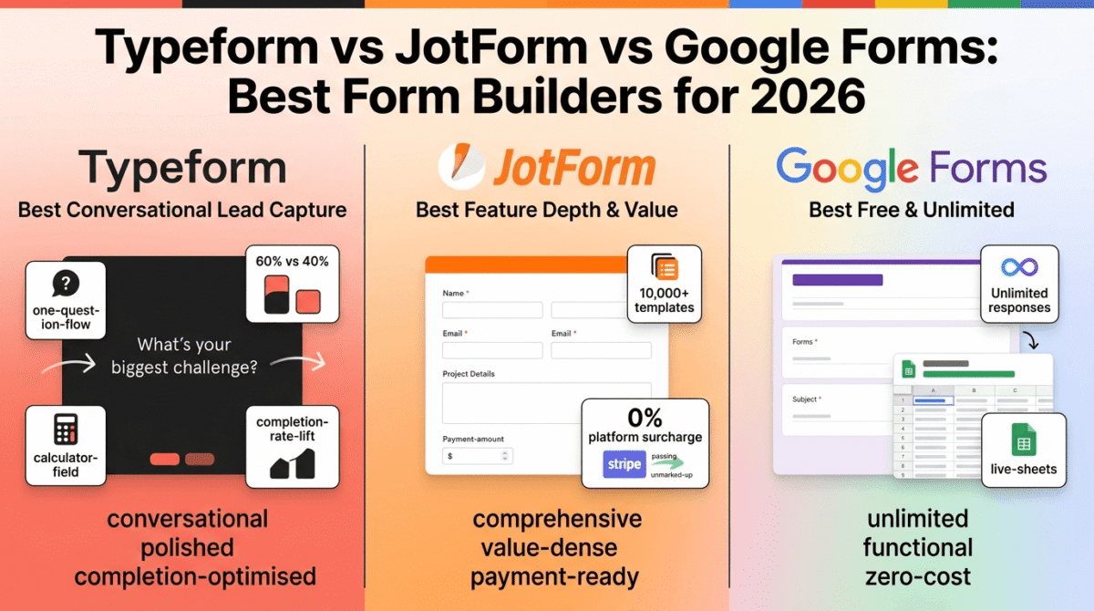 Typeform, JotForm, and Google Forms compared side by side as form builder platforms, showing Typeform's one-question-at-a-time conversational flow with a completion rate comparison, JotForm's multi-field form with zero-surcharge payment collection, and Google Forms' unlimited free responses syncing live to Google Sheets.