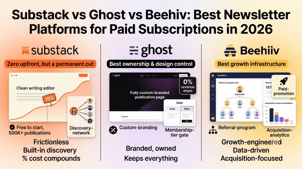 Substack, Ghost, and Beehiiv compared side by side as newsletter platforms for paid subscriptions, showing Substack's 10% revenue share alongside its built-in discovery network, Ghost's fully custom-branded publication with 0% revenue share, and Beehiiv's referral-tree growth engine and acquisition analytics also at 0% revenue share.