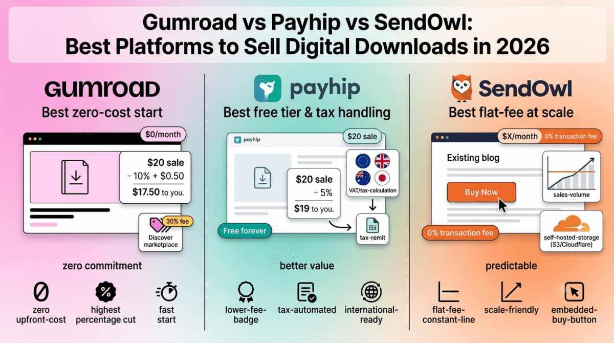Gumroad, Payhip, and SendOwl compared side by side as digital download selling platforms, showing Gumroad's 10% plus 50 cent fee on a $20 sale netting $17.50, Payhip's lower 5% fee netting $19 with automatic international VAT handling, and SendOwl's flat monthly fee with 0% transaction fee staying constant as sales volume grows.