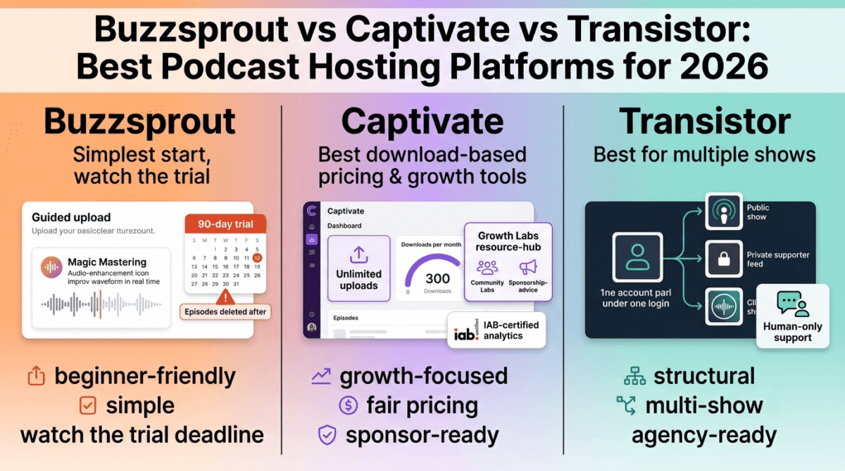 Buzzsprout, Captivate, and Transistor compared side by side as podcast hosting platforms, showing Buzzsprout's guided upload with Magic Mastering and a 90-day trial deletion warning, Captivate's unlimited uploads with Growth Labs and IAB-certified analytics, and Transistor's single account managing multiple shows with human-only support.