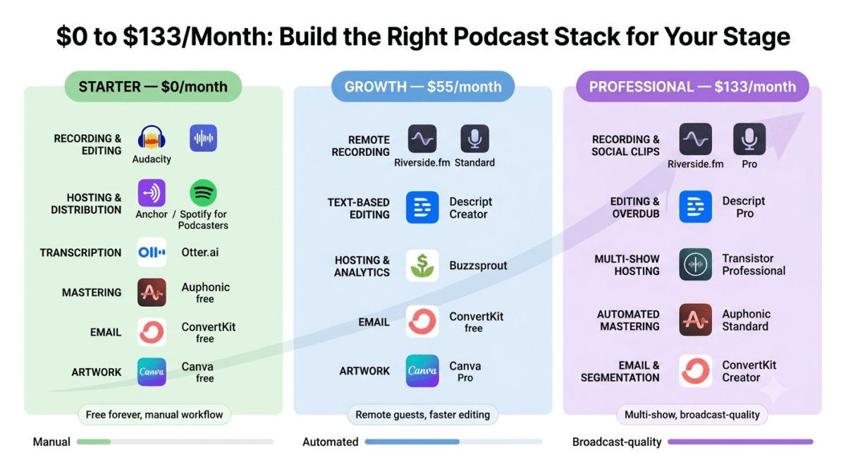 Podcast tool stack comparison by budget showing free Starter stack (Audacity, Anchor, Otter.ai, Auphonic free, ConvertKit free, Canva free) at $0/month, Growth stack (Riverside.fm Standard, Descript Creator, Buzzsprout, ConvertKit, Canva Pro) at $55/month, and Professional stack (Riverside.fm Pro, Descript Pro, Transistor Professional, Auphonic Standard, ConvertKit Creator) at $133/month.