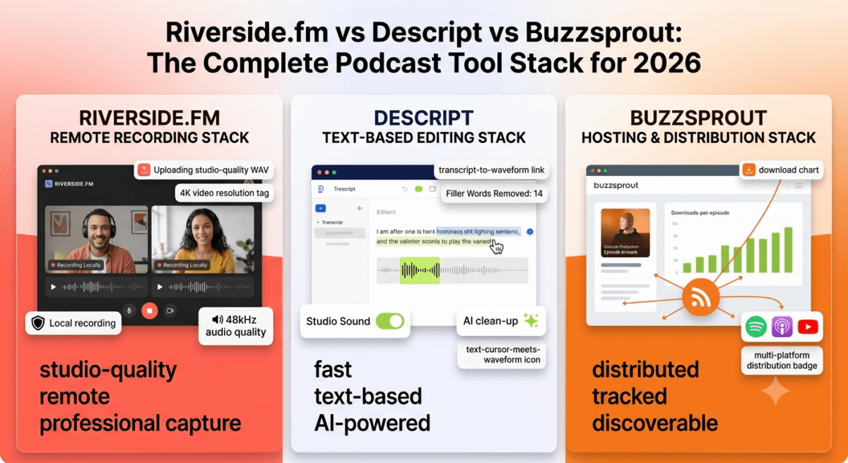 Three-way podcast tool comparison: Riverside.fm remote recording with local studio-quality capture and 4K video on the left, Descript text-based editing with filler word removal and Studio Sound in the centre, and Buzzsprout hosting and distribution dashboard with downloads analytics and Spotify, Apple Podcasts, and YouTube syndication on the right.