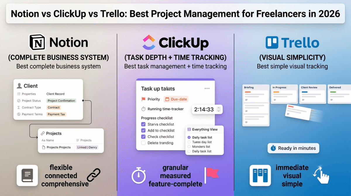 Notion, ClickUp, and Trello compared side by side as freelancer project management tools, showing Notion's linked client and project database, ClickUp's task card with time tracking and priority metadata, and Trello's Kanban board with a card moving between pipeline stages.