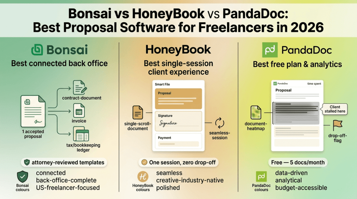 Bonsai, HoneyBook, and PandaDoc compared side by side as freelance proposal software, showing Bonsai's proposal-to-contract-to-invoice-to-tax connected flow, HoneyBook's single-session Smart File combining proposal, signature, and payment, and PandaDoc's document engagement analytics flagging where clients stall.