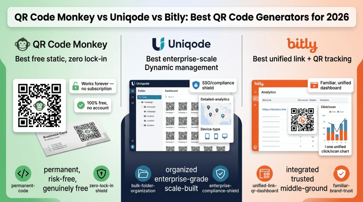 QR Code Monkey, Uniqode, and Bitly compared side by side as QR code generators, showing QR Code Monkey's free branded static code with zero subscription lock-in, Uniqode's folder-organized bulk dashboard with detailed scan analytics, and Bitly's unified dashboard tracking short links and QR codes together.