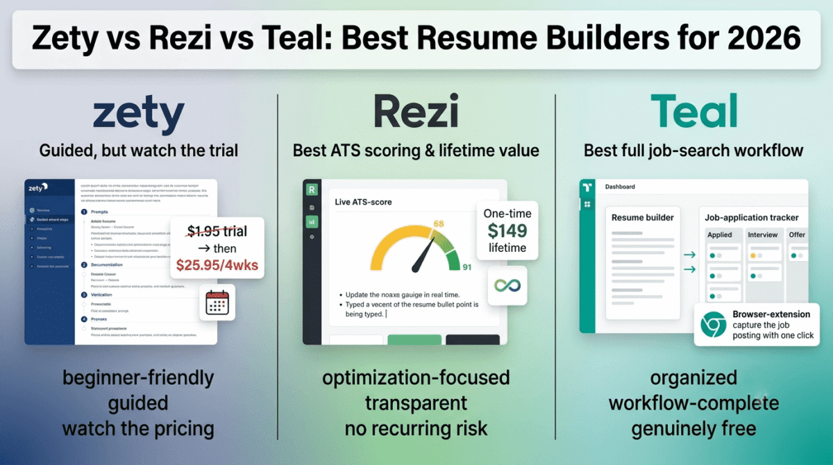 Zety, Rezi, and Teal compared side by side as resume builder platforms, showing Zety's guided wizard interface with a trial pricing warning, Rezi's live ATS score gauge with a one-time lifetime payment option, and Teal's resume builder connected to a job application tracker and browser extension.