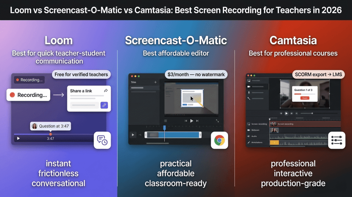 Loom, Screencast-O-Matic, and Camtasia compared side by side as screen recording tools for teachers, showing Loom's instant record-to-link sharing with timestamped student comments, Screencast-O-Matic's affordable spotlight editing tool, and Camtasia's multi-track editor with an embedded interactive quiz.