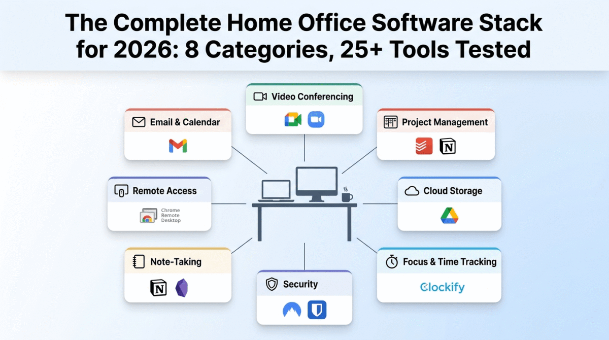 Complete home office software stack overview showing eight category modules arranged around a central desk illustration: video conferencing with Google Meet and Zoom, project management with Todoist and Notion, cloud storage with Google Drive, focus and time tracking with Clockify, security with NordVPN and Bitwarden, note-taking with Notion and Obsidian, remote access with Chrome Remote Desktop, and email and calendar with Gmail.