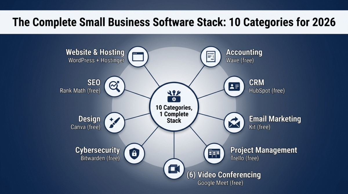 Wheel diagram of the ten essential small business software categories for 2026 — website and hosting, accounting, CRM, email marketing, project management, video conferencing, cybersecurity, design, SEO, and e-commerce — each paired with its top free or entry-level tool recommendation.