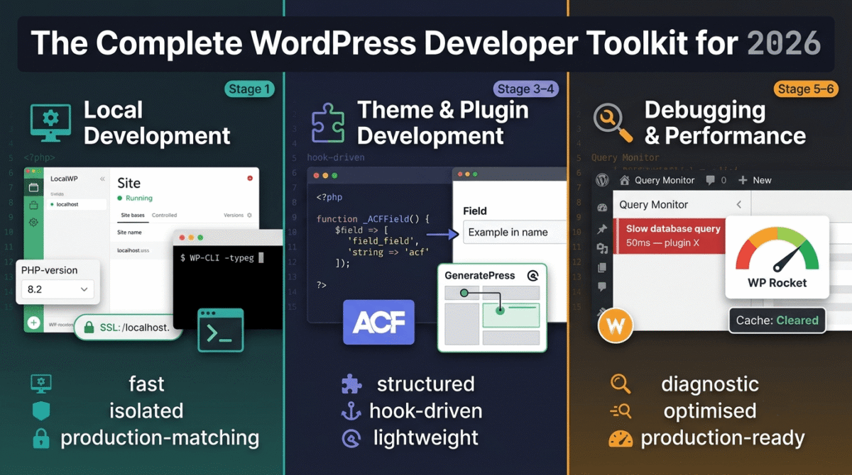 Three pillars of a WordPress developer toolkit shown side by side: LocalWP local development environment with WP-CLI terminal on the left, ACF and GeneratePress theme and plugin development with a code-to-preview connection in the centre, and Query Monitor debugging alongside a WP Rocket performance gauge on the right.