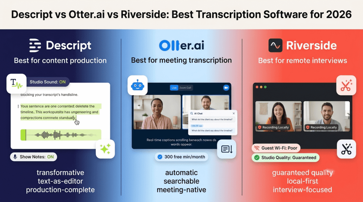 Descript, Otter.ai, and Riverside compared side by side as transcription software, showing Descript's text-based editing with synced waveform deletion, Otter.ai's live meeting captions with an AI Chat search, and Riverside's local dual-track recording guaranteeing studio quality despite poor guest Wi-Fi.