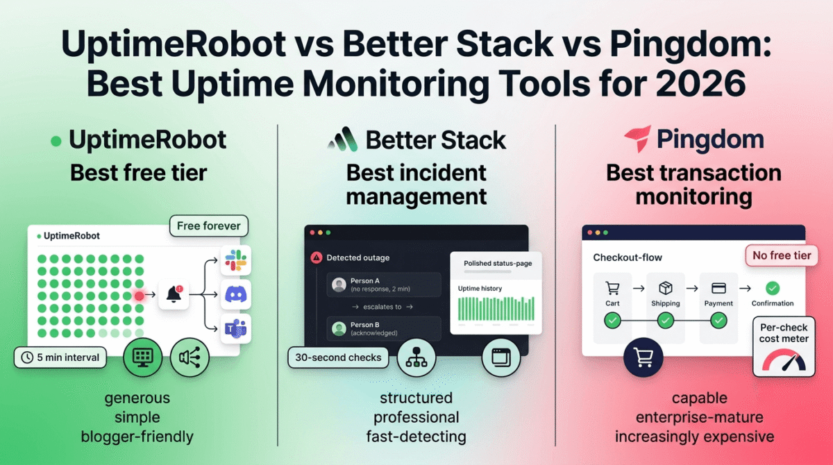 UptimeRobot, Better Stack, and Pingdom compared side by side as uptime monitoring tools, showing UptimeRobot's 50-monitor free grid with multi-channel alerts, Better Stack's on-call escalation chain with a polished status page, and Pingdom's multi-step checkout flow transaction monitoring with a rising per-check cost meter.