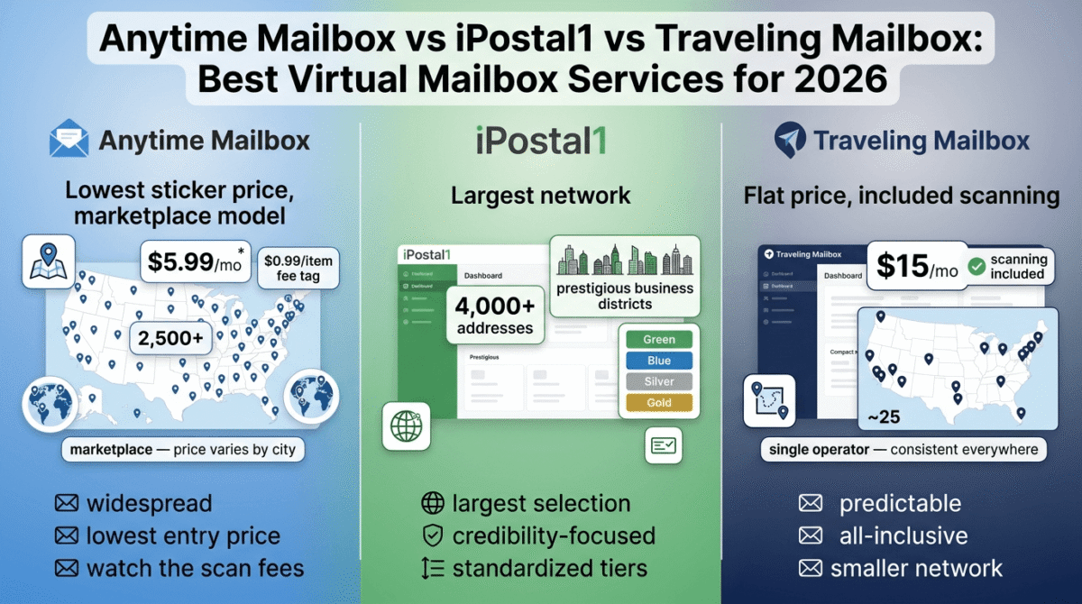 Anytime Mailbox, iPostal1, and Traveling Mailbox compared side by side as virtual mailbox services, showing Anytime Mailbox's 2,500+ location marketplace map with per-scan fees, iPostal1's 4,000+ address network with a four-tier pricing ladder, and Traveling Mailbox's flat $15/month price with scanning included across roughly 25 locations.