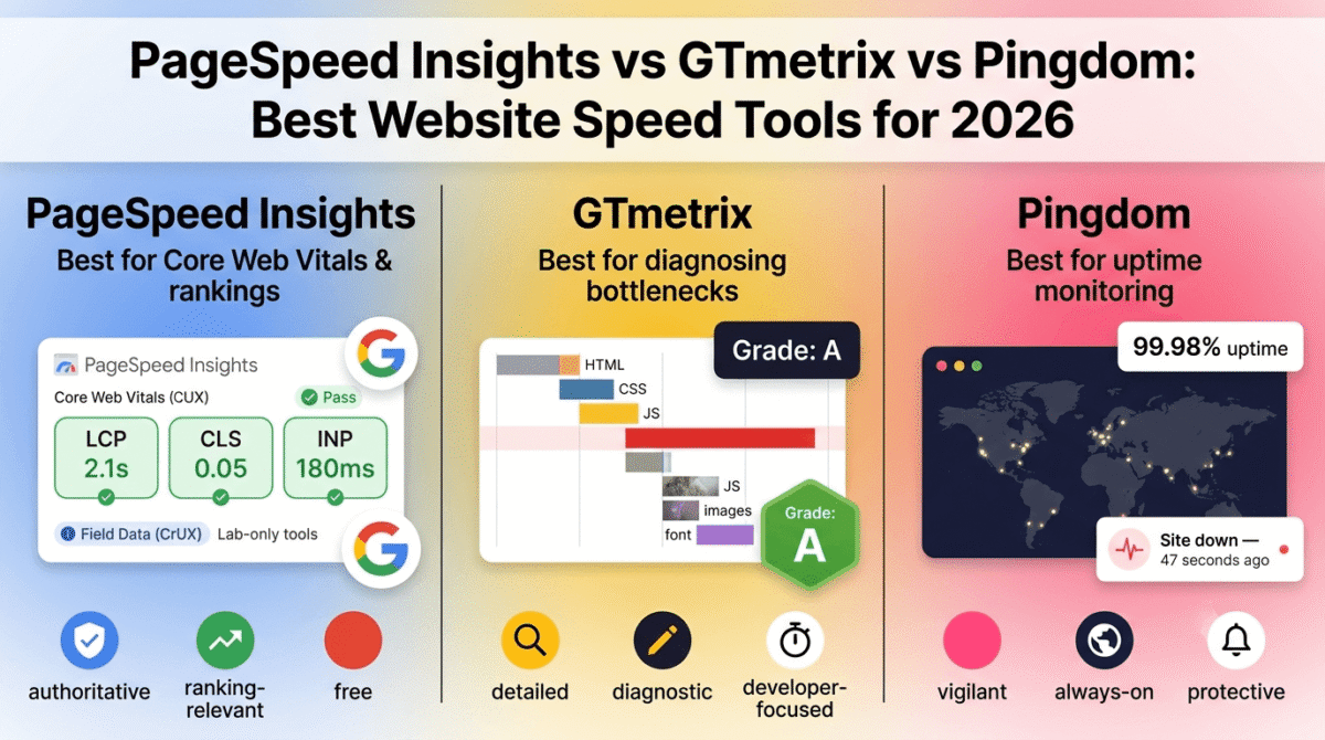 Google PageSpeed Insights, GTmetrix, and Pingdom compared side by side as website speed testing tools, showing PageSpeed Insights' Core Web Vitals pass badges, GTmetrix's waterfall diagnostic chart with an A grade, and Pingdom's global uptime monitoring map with a downtime alert.
