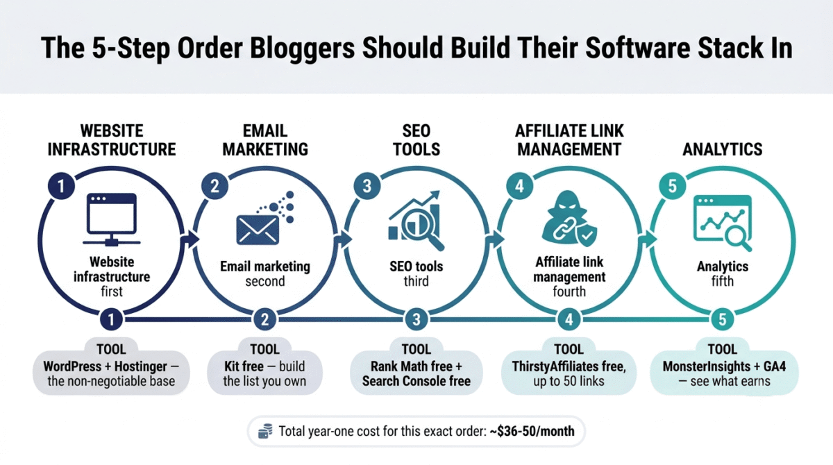 Five-step order for bloggers building a software stack: website infrastructure first with WordPress and Hostinger, email marketing second with Kit's free plan, SEO tools third with Rank Math and Google Search Console, affiliate link management fourth with ThirstyAffiliates, and analytics fifth with MonsterInsights and Google Analytics 4.