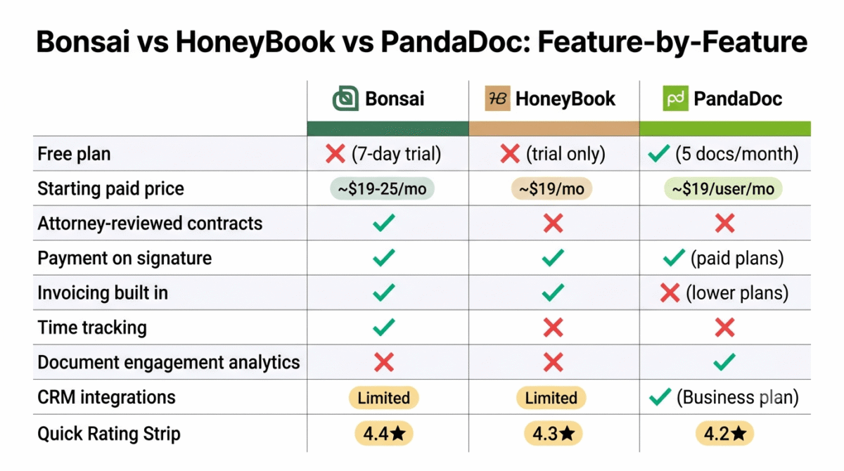 Feature comparison grid for Bonsai, HoneyBook, and PandaDoc showing free plan availability, starting price, attorney-reviewed contracts, payment on signature, built-in invoicing, time tracking, document engagement analytics, and CRM integrations across all three proposal software platforms.