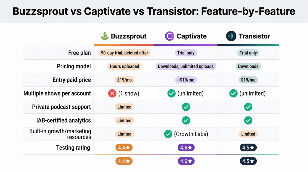 Feature comparison grid for Buzzsprout, Captivate, and Transistor showing free plan structure, pricing model, entry paid price, multiple shows per account, private podcast support, IAB-certified analytics, built-in growth resources, and testing rating across all three podcast hosting platforms.