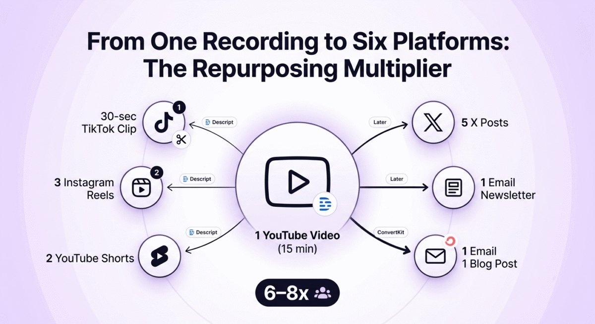 Content repurposing diagram showing one 15-minute YouTube video at the centre radiating out into six outputs: a 30-second TikTok clip, three Instagram Reels, five X posts, one email newsletter, one blog post, and two YouTube Shorts, enabled by Descript, Later, and ConvertKit.