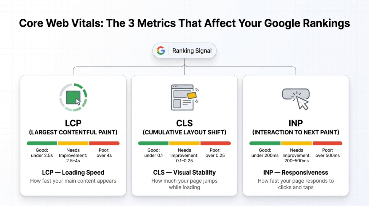 GTmetrix vs PageSpeed Insights vs Pingdom, Core Web Vitals explainer showing three Google ranking metrics: LCP loading speed with a good threshold under 2.5 seconds, CLS visual stability with a good threshold under 0.1, and INP responsiveness with a good threshold under 200 milliseconds, each shown on a green-yellow-red scale.