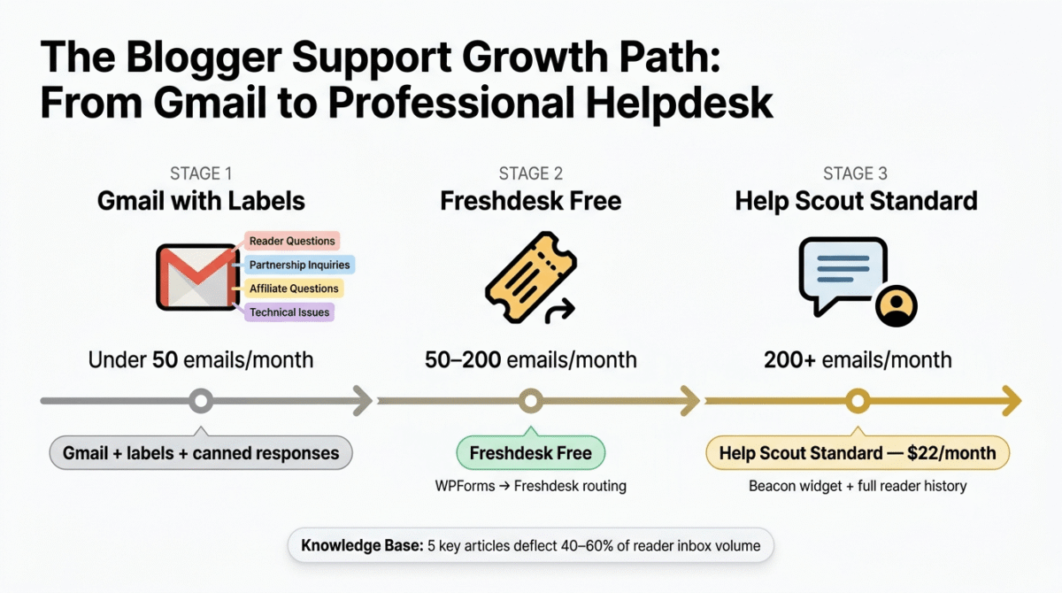 Three-stage blogger customer support growth path showing Gmail with organised labels for under 50 emails per month, Freshdesk Free with WPForms routing for 50 to 200 emails per month, and Help Scout Standard with a Beacon widget for over 200 emails per month.