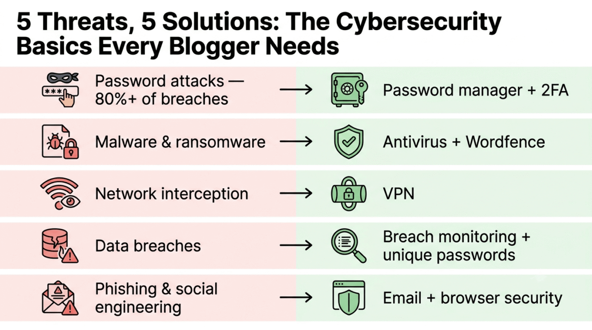 Best Cybersecurity Tools in 2026, Five cybersecurity threats mapped to their solutions: password attacks solved by a password manager and two-factor authentication, malware and ransomware solved by antivirus and Wordfence, network interception solved by a VPN, data breaches solved by breach monitoring, and phishing solved by email and browser security.