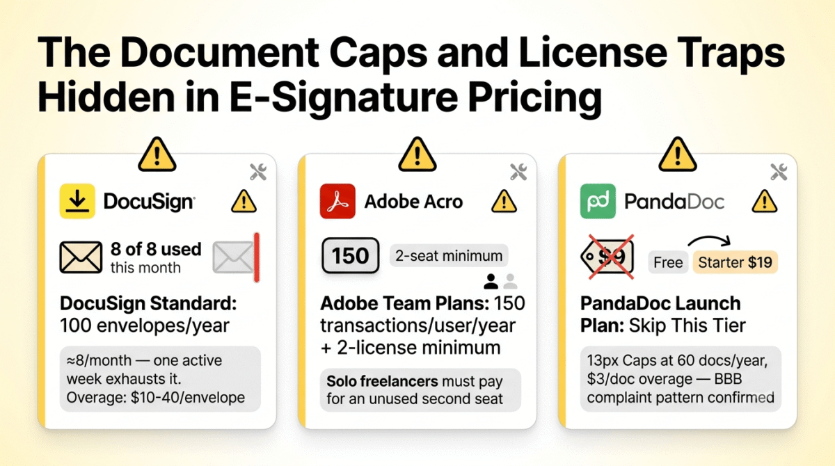 DocuSign vs PandaDoc vs Adobe Sign, Three e-signature pricing traps: DocuSign Standard's 100 envelopes per year cap, roughly 8 per month, easily exceeded by active freelancers with $10 to $40 overage fees per extra envelope; Adobe's team plans requiring a 2-license minimum even for solo freelancers; and PandaDoc's Launch plan capping at 60 documents per year with confirmed unexpected overage charges.