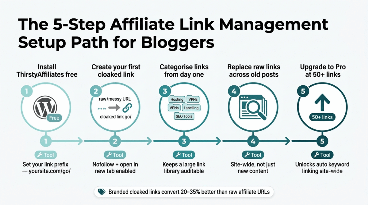 Five-step blogger email automation growth path showing starting with Kit free, building a 5-email welcome sequence, tagging subscribers by link clicks, upgrading to Kit Creator at $39 per month near 10,000 subscribers, and evaluating migration to ActiveCampaign at 5,000 to 10,000 subscribers for lead scoring.