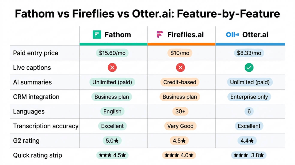 Feature comparison grid for Fathom, Fireflies.ai, and Otter.ai showing paid entry price, live captions availability, AI summary access, CRM integration tier, language support count, transcription accuracy, and G2 rating across all three AI meeting assistants.