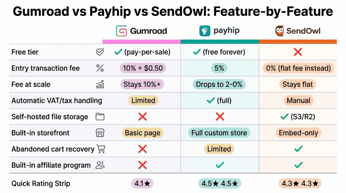 Feature comparison grid for Gumroad, Payhip, and SendOwl showing free tier availability, entry transaction fee, fee behavior at scale, automatic VAT and tax handling, self-hosted file storage, built-in storefront quality, abandoned cart recovery, and built-in affiliate program across all three digital download platforms.