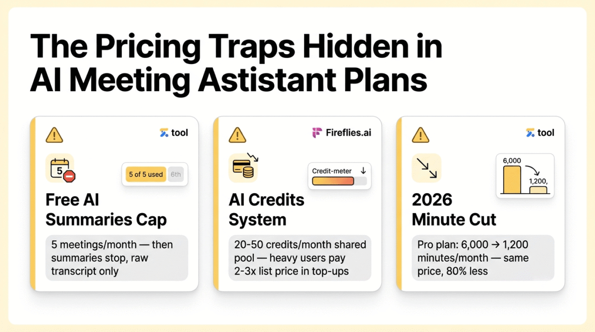 Fathom vs Fireflies vs Otter.ai , Three pricing trap warnings for AI meeting assistants: Fathom's free plan caps AI summaries at 5 meetings per month, Fireflies' AI credits system causes heavy users to pay 2 to 3 times the list price in top-ups, and Otter's 2026 Pro plan cut monthly minutes from 6,000 to 1,200 at the same price.