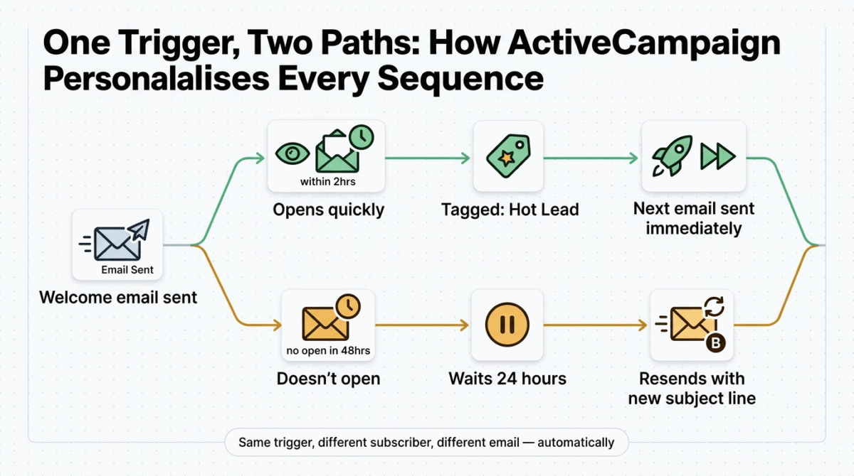 Branching automation flowchart showing a welcome email trigger splitting into two paths: subscribers who open within 2 hours are tagged as a hot lead and sent the next email immediately, while subscribers who don't open within 48 hours wait 24 hours and receive a resend with a different subject line.