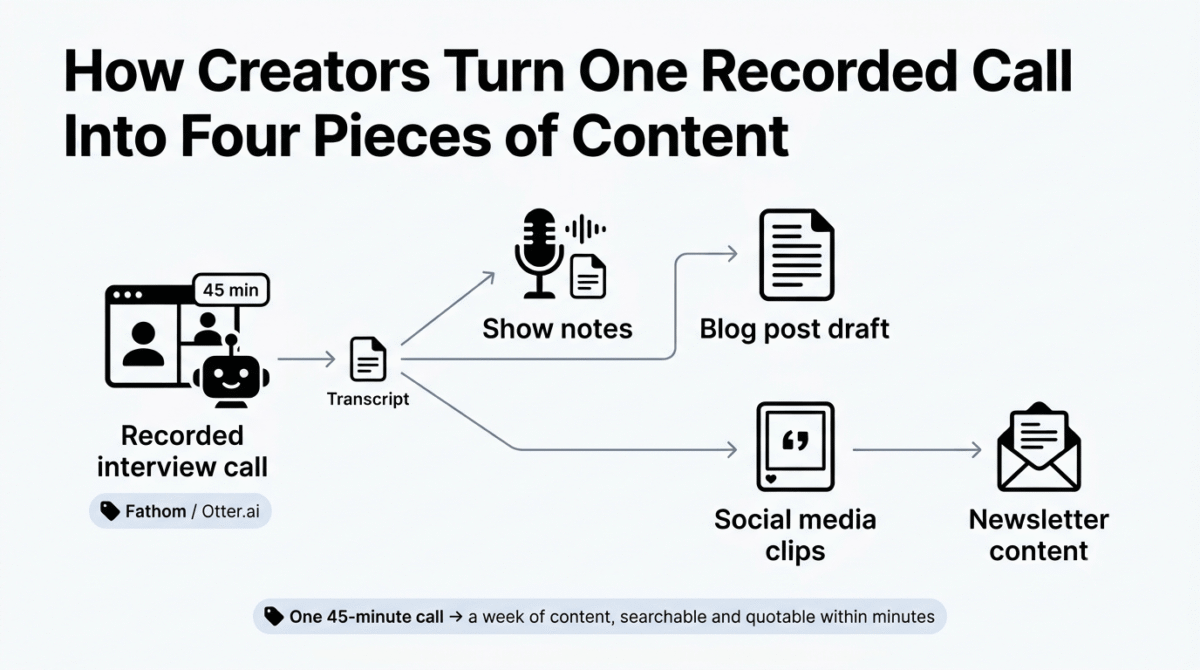 Workflow diagram showing a single recorded 45-minute interview call captured by Fathom or Otter.ai branching through its transcript into four content outputs: show notes, a blog post draft, social media clips, and newsletter content.