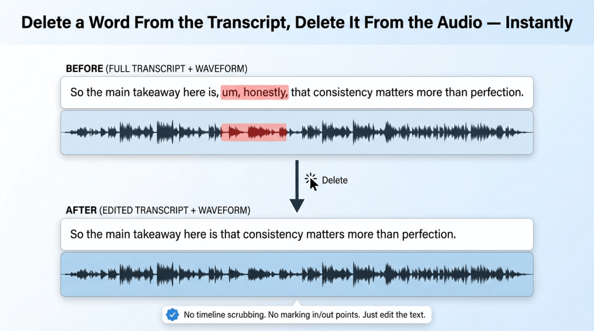 Descript vs Otter.ai vs Riverside,
Before and after demonstration of Descript's text-based editing, showing a transcript with filler words "um, honestly," highlighted and deleted on top, with the exact matching segment of the audio waveform beneath automatically removed and seamlessly joined.