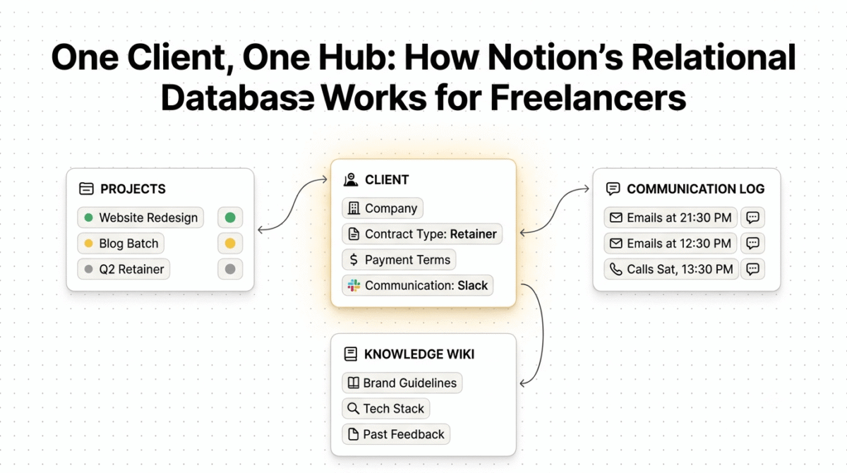 Diagram showing Notion's relational client database structure, with a central client record connected to linked databases for projects, communication log, and knowledge wiki, illustrating how clicking a client reveals their entire project history in one view.