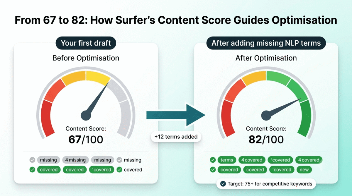 Before and after demonstration of Surfer SEO's Content Score feature, showing a gauge meter improving from 67 out of 100 with several missing NLP terms on the left to 82 out of 100 with all terms covered after adding 12 missing semantic keywords on the right.
