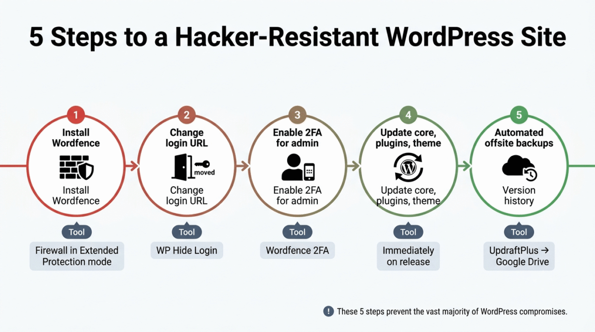 Five-step WordPress security checklist showing installing Wordfence's firewall, changing the default login URL with WP Hide Login, enabling two-factor authentication for admin accounts, keeping WordPress core and plugins updated, and setting up automated offsite backups with UpdraftPlus, connected along a red-to-green security progress pathway.