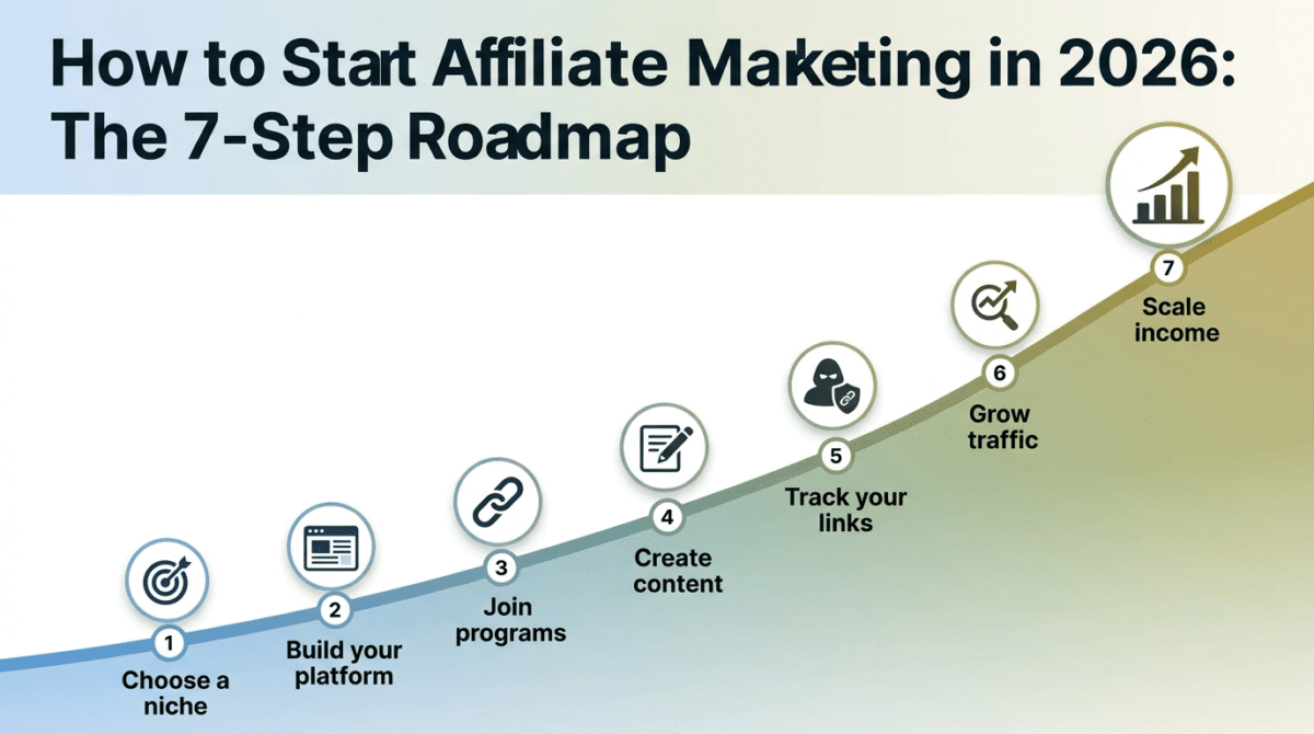 Illustrated roadmap showing the seven steps to start affiliate marketing in 2026 as an ascending pathway: choosing a niche, building a blog platform, joining affiliate programs, creating converting content, tracking affiliate links, growing traffic through SEO, and scaling toward consistent income.