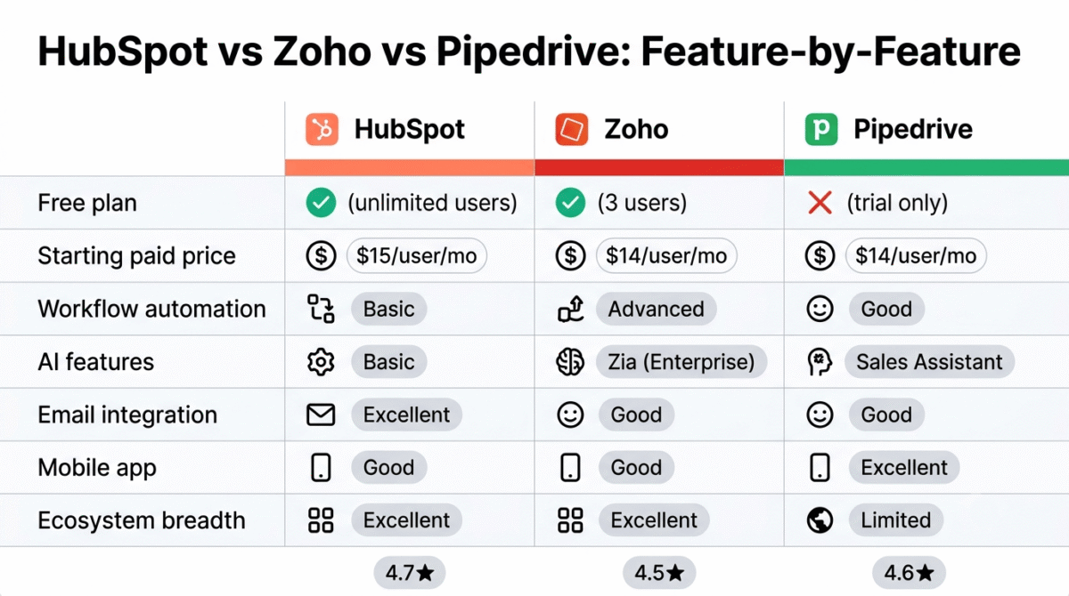 Feature comparison grid for HubSpot, Zoho, and Pipedrive showing free plan availability, starting price, workflow automation, AI features, email integration, mobile app quality, and ecosystem breadth across all three small business CRM platforms.