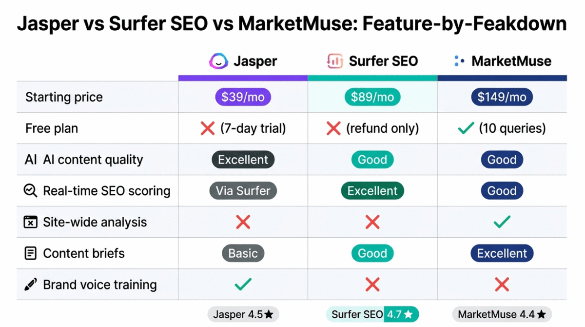 Feature comparison grid for Jasper, Surfer SEO, and MarketMuse showing pricing, free plan availability, AI content quality, real-time SEO scoring, site-wide analysis, content brief quality, and brand voice training across all three AI SEO writing tools.