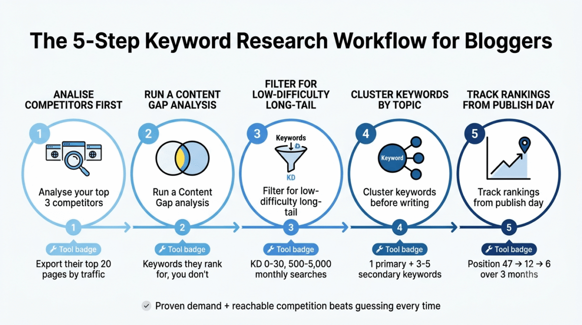 Five-step keyword research workflow showing analysing your top three competitors first, running a Content Gap analysis to find keywords they rank for that you don't, filtering for low-difficulty long-tail keywords, clustering keywords by topic before writing, and tracking rankings from the week of publication.