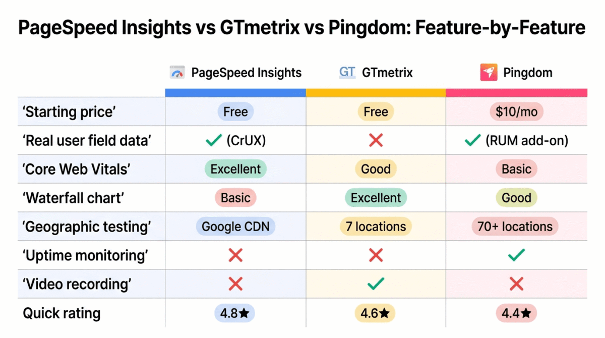 Feature comparison grid for Google PageSpeed Insights, GTmetrix, and Pingdom showing pricing, real user field data availability, Core Web Vitals quality, waterfall chart detail, geographic testing locations, uptime monitoring, and video recording across all three website speed tools.