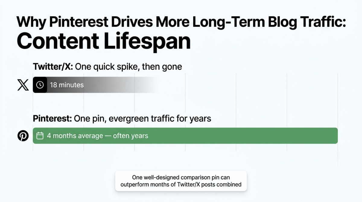 Hootsuite vs Sprout Social vs Buffer,
Content lifespan comparison showing a Twitter/X post's useful traffic-driving lifespan of about 18 minutes as a short bar, versus a Pinterest pin's average lifespan of 4 months or longer, often driving traffic for years, shown as a dramatically longer bar.