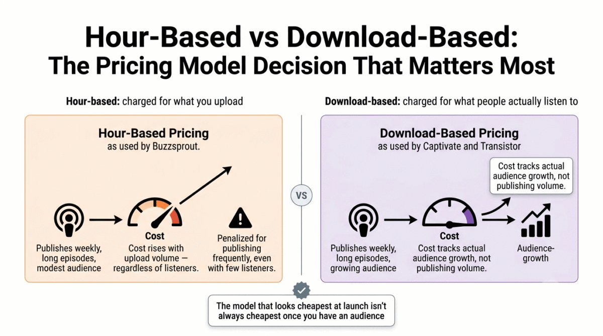 Buzzsprout vs Captivate vs Transistor, Pricing model comparison showing hour-based pricing where cost rises with upload volume regardless of listener count, penalizing frequent publishers, versus download-based pricing where cost tracks actual audience growth rather than publishing frequency.