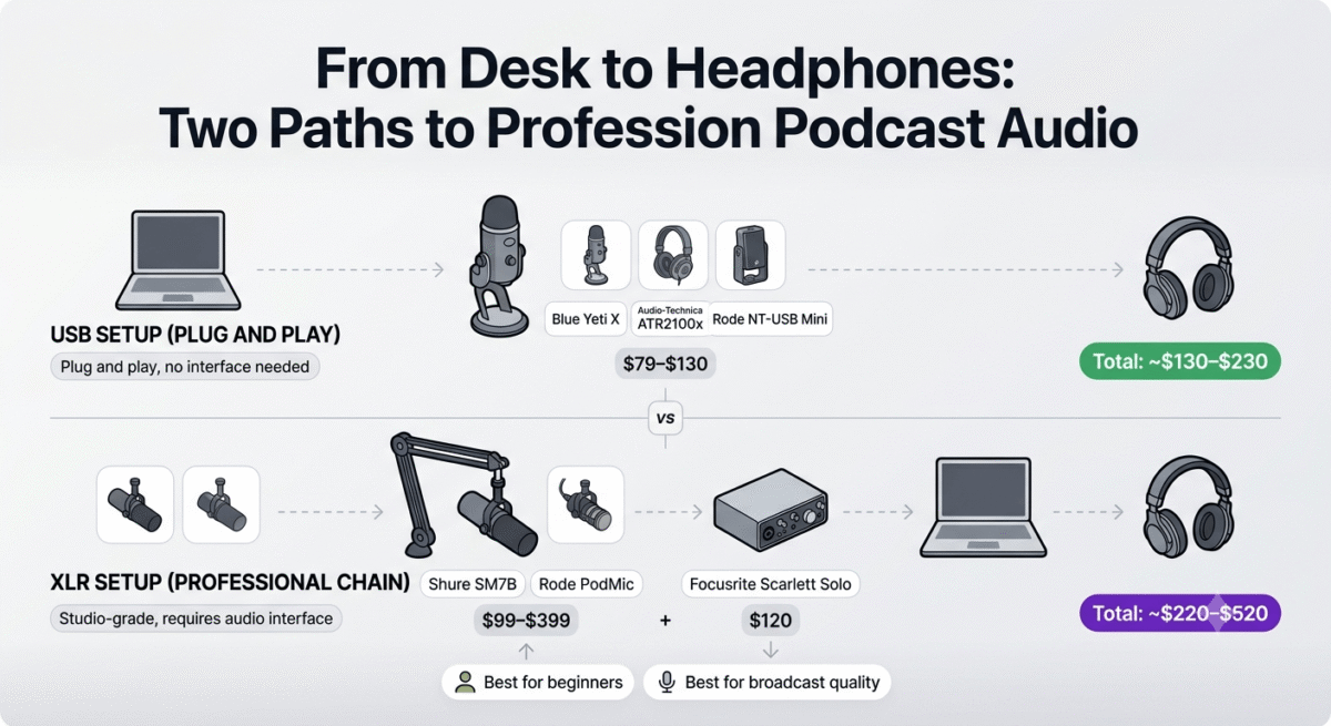 Podcast microphone equipment comparison showing USB plug-and-play setup with Blue Yeti X, Audio-Technica ATR2100x, or Rode NT-USB Mini connecting directly to a laptop for $130–$230 total on top, versus XLR professional setup with Shure SM7B or Rode PodMic connected through a Focusrite Scarlett Solo audio interface for $220–$520 total on bottom.
