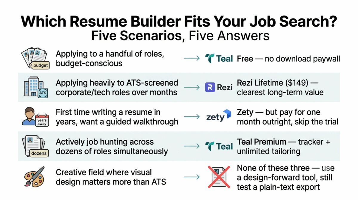 Decision guide matching five job search scenarios to their recommended resume builder: budget-conscious job seekers applying to a handful of roles to Teal free, ATS-heavy corporate applicants to Rezi's lifetime plan, first-time resume writers to Zety with a warning to skip the trial, high-volume job hunters to Teal Premium, and creative-field applicants to a design-forward tool instead of any of the three.
